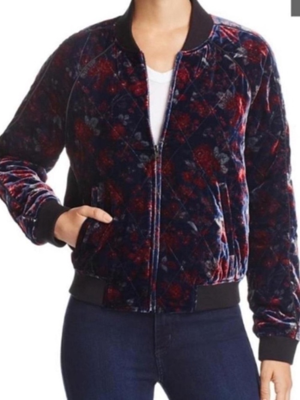 JOIE Mace Silk Blend Quilted Floral Print Velvet Bomber Jacket Dark Romantic XS